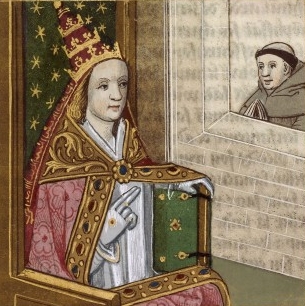 Illustrated manuscript depicting Pope Joan with the papal crown. Bibliothéque national de France, circa 1560. Artist unknown. Public domain.
