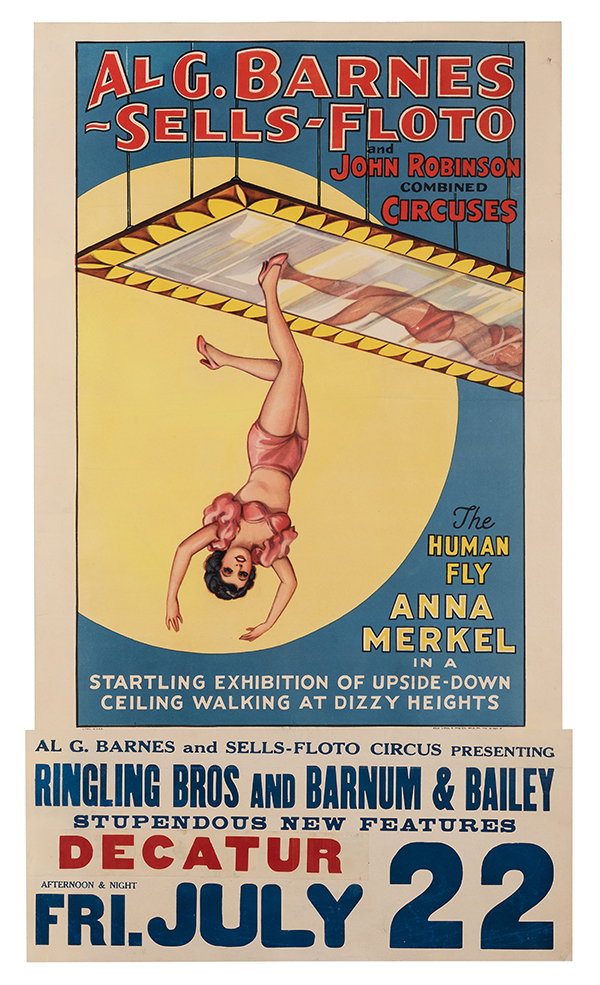 Lot 15: Al. G. Barnes—Sells Floto and John Robinson. The Human Fly Anna Merkel. Erie Litho, ca. 1938. Photo courtesy of Potter & Potter Auctions.