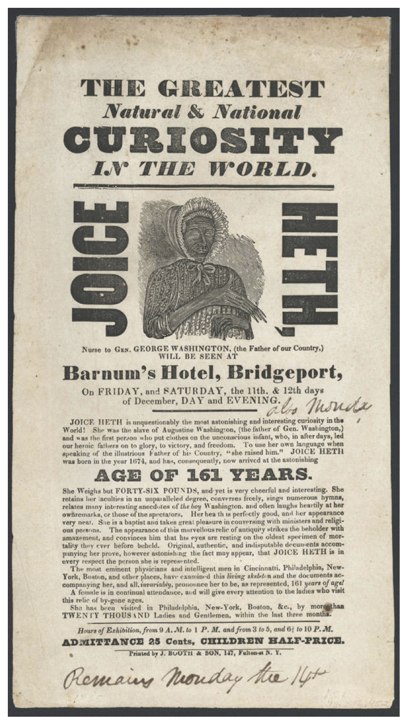 Joice Heth poster, By J. Booth & Son, 147 Fulton St NY [Public domain], via Wikimedia Commons
