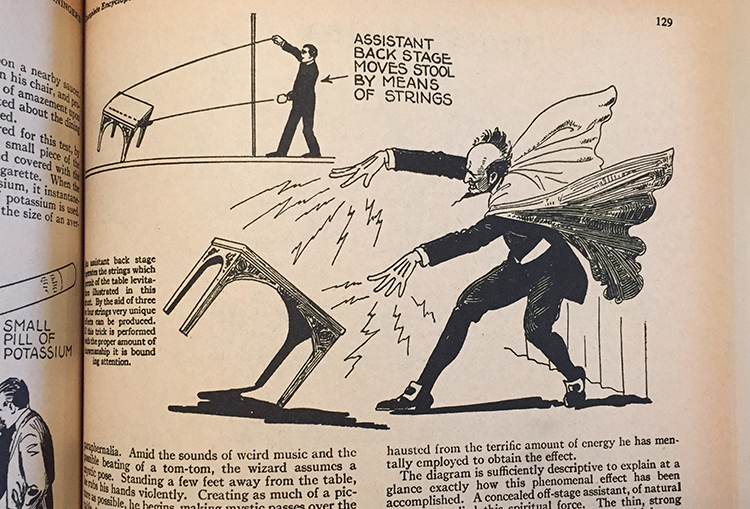 How magicians levitate a table, from Dunninger's Complete Encyclopedia of Magic (1963)