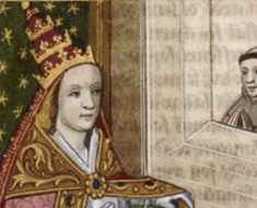 Illustrated manuscript depicting the female pope, Pope Joan, with the papal crown. Bibliothéque national de France, circa 1560. Artist unknown. Public domain.