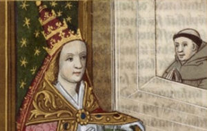 Illustrated manuscript depicting the female pope, Pope Joan, with the papal crown. Bibliothéque national de France, circa 1560. Artist unknown. Public domain.