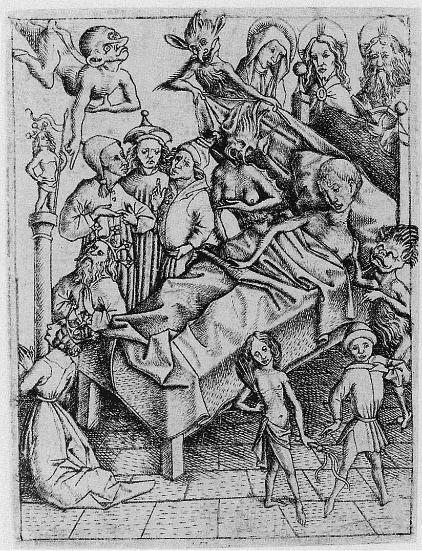 Sin-eaters: Ars moriendi (The Art of Dying), circa 1460 Netherlands. Artist unknown. Woodblock.