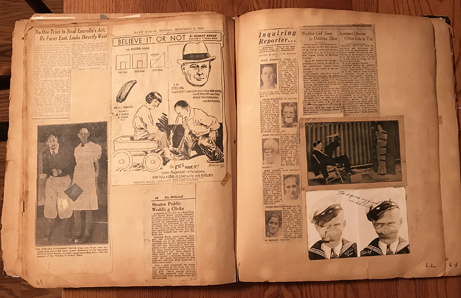 In addition to clippings of newspaper articles about Agnes the Rubber Skin Lady, this spread features: a Believe It Or Not cartoon starring Agnes’s friends, Lillie and Harry McGregor, who could pull each other in a wagon with their eyelids; an article about Martin Laurello, known as the Human Owl, for his ability to turn his head 180 degrees; a piece about performers with microcephaly billed as “The World’s Strangest Twins”; a clipping from The Billboard about the marriage of two “popular midgets” from the James E. Strates Shows carnival; a photo of armless knife thrower Paul Desmuke; and a signed photo of Popeye impersonator, Mike Butch. Photo courtesy of Dori Ann Bischmann, PhD