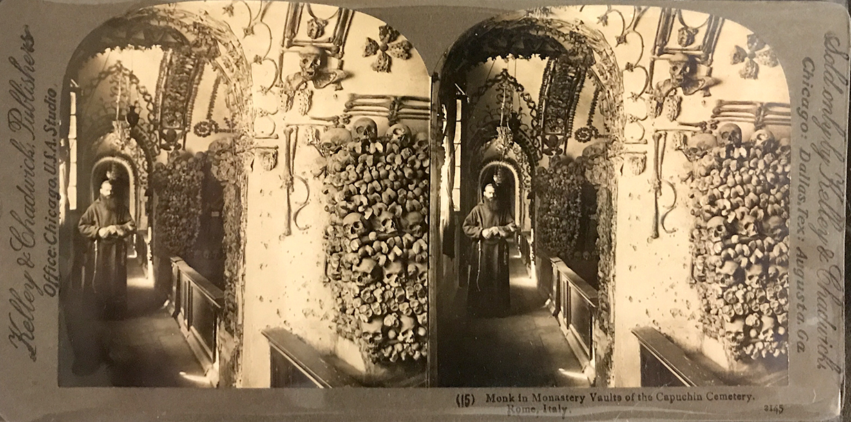 Stereoview of the Capuchin crypt with monk. Hartzman Collection.