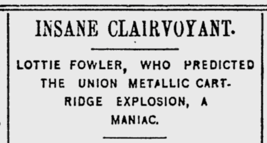 Headline about Lottie Fowler from the March 26, 1899 Bridgeport Herald.