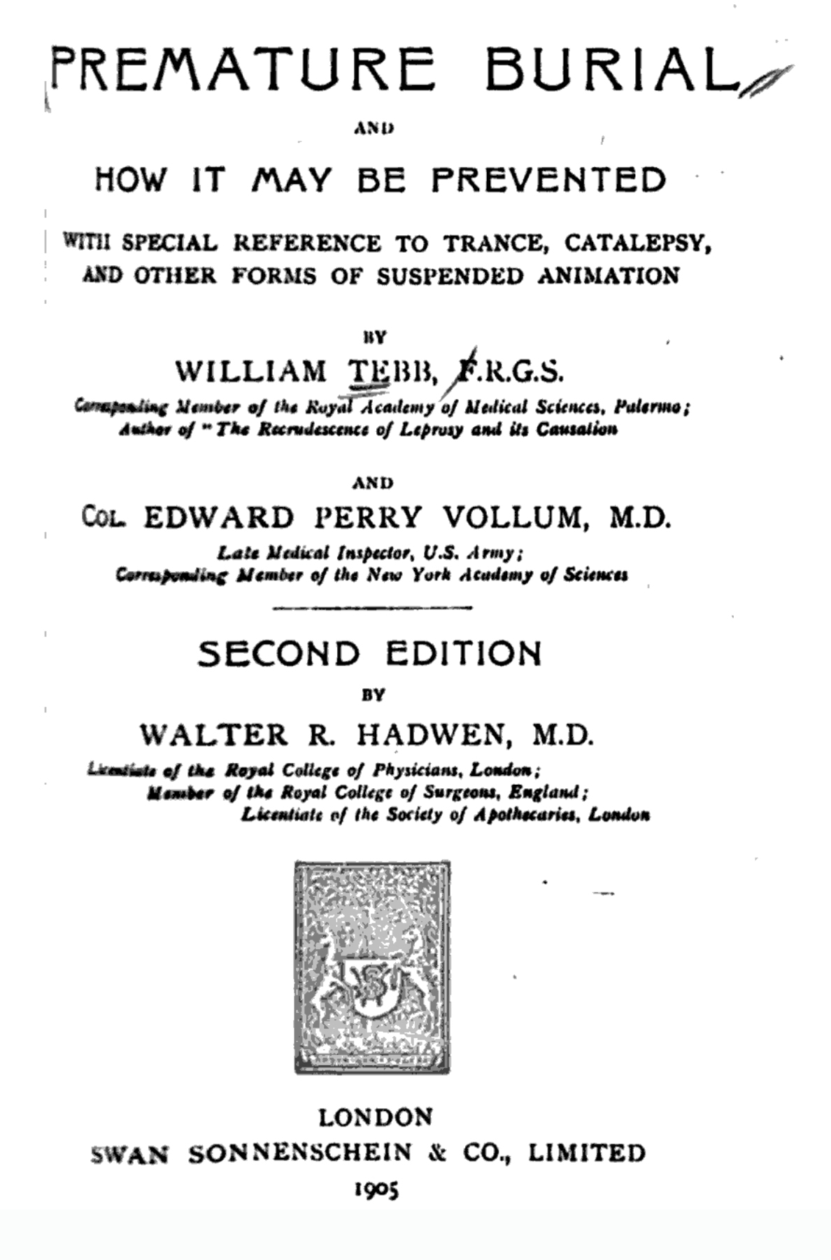 Premature Burial title page from the second edition, 1905.