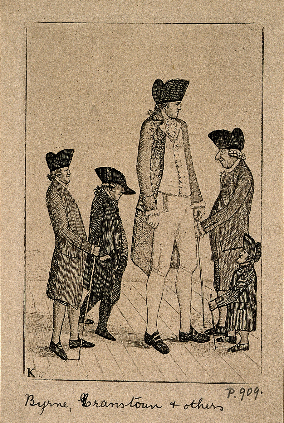 Charles Byrne, the Irish Giant, George Cranstoun, a dwarf, and three other normal sized men. Etching by J. Kay, 1794. This file comes from Wellcome Images, a website operated by Wellcome Trust, a global charitable foundation based in the United Kingdom.
