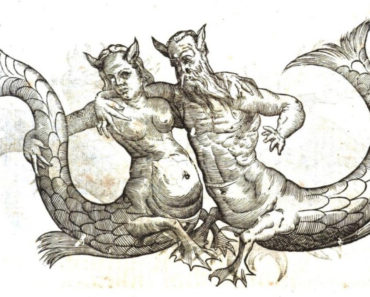 A mermaid seems to recoil from the advances of a merman. Illustration from Monstrorum Historia (1642) by Ulisse Aldrovandi.