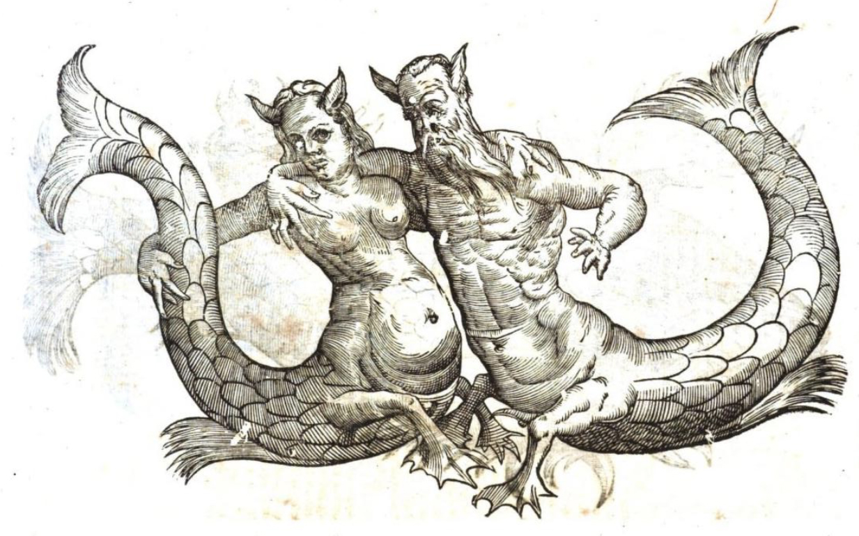 A mermaid seems to recoil from the advances of a merman. Illustration from Monstrorum Historia (1642) by Vlyssis Aldrouandi.