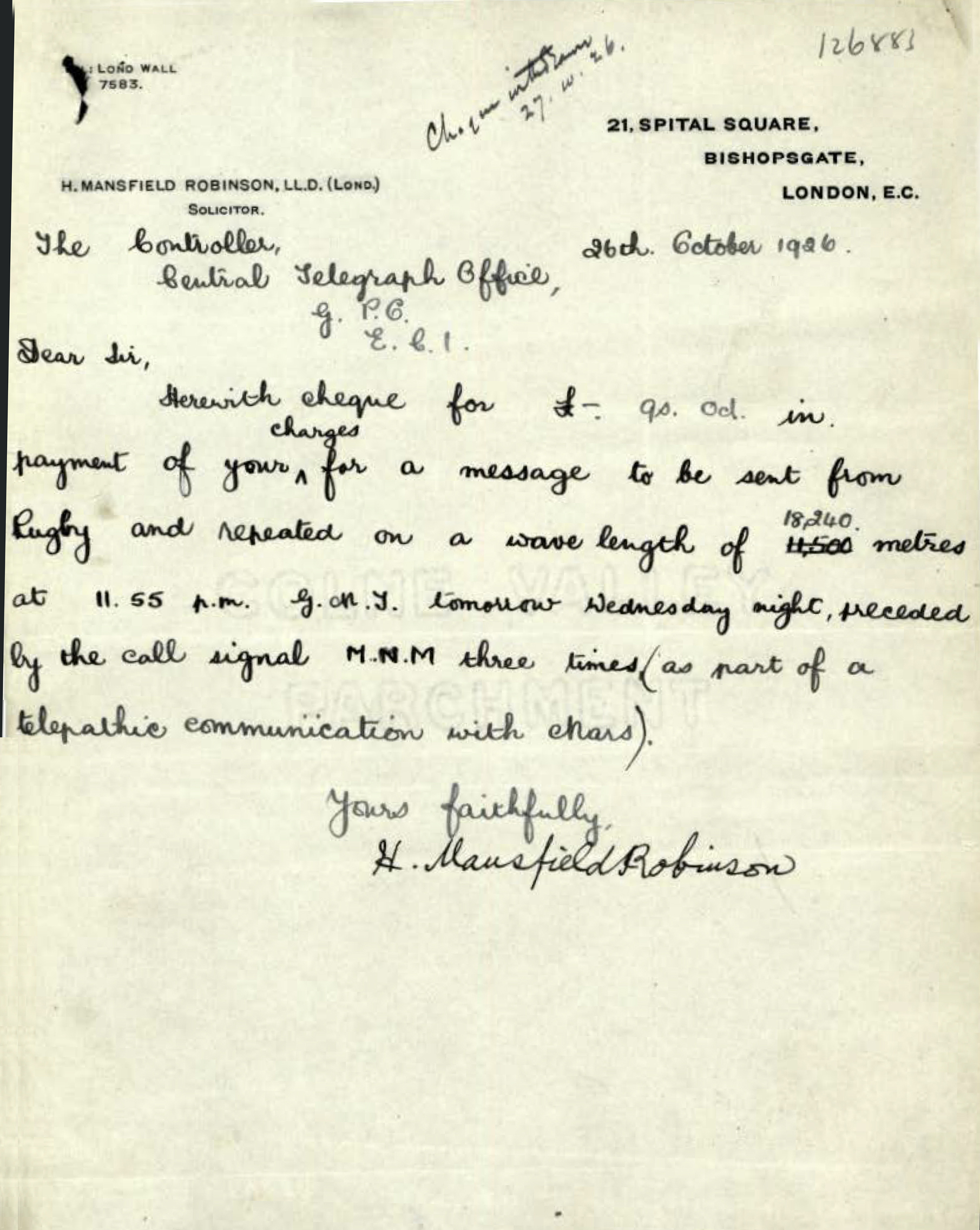 In 1926, Dr. Hugh Mansfield Robinson made arrangements with London’s Central Telegraph Office to transmit a message to Mars. Courtesy of BT Heritage & Archives.