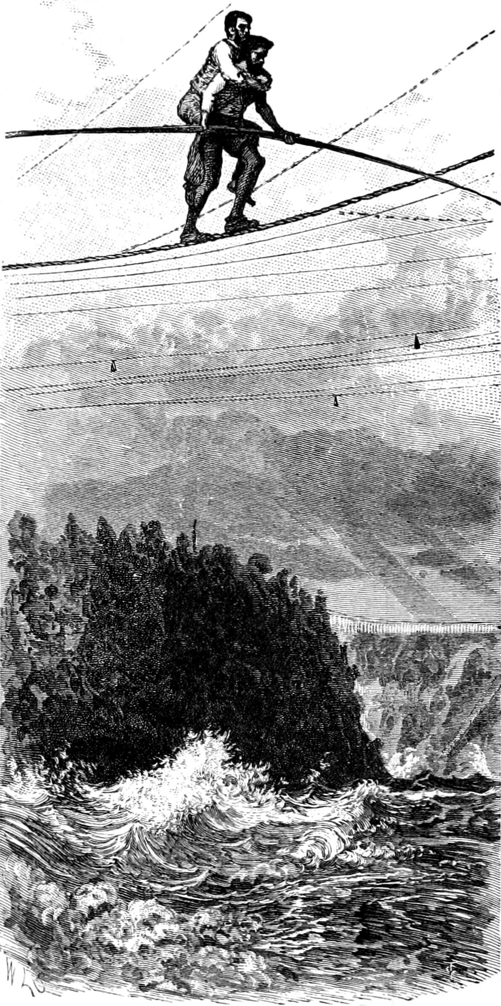 Engraving of Blondin crossing a tightrope over the Niagara River while piggy-backing his manager. Holley, George (1883). Via Wikimedia Commons.
