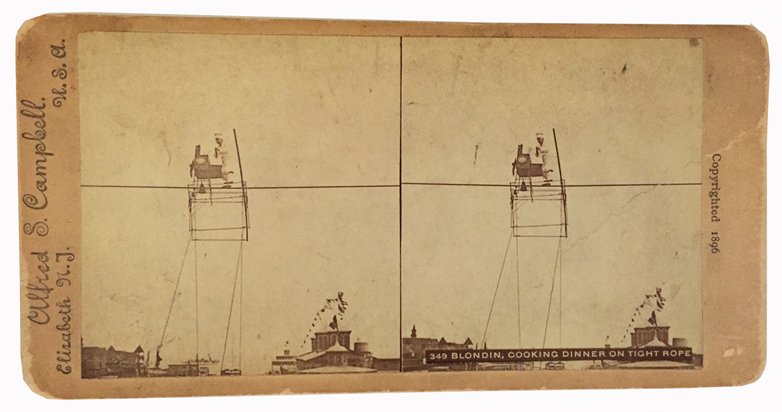 Stereoview of Blondin cooking on the high wire.