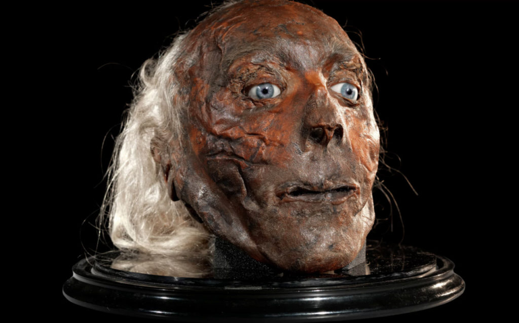 Jeremy Bentham's embalmed head. From The Telegraph.