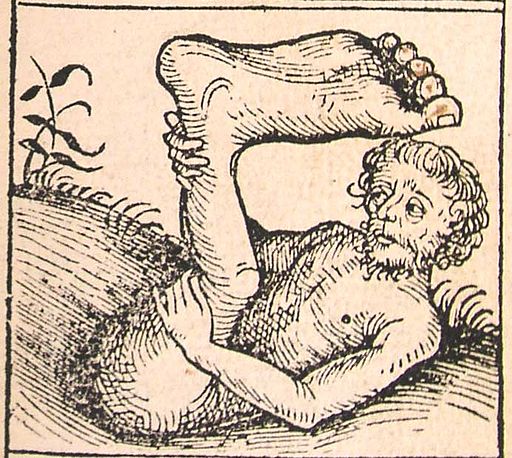 The monopod, or skiapod, shades himself with his giant foot. This woodcut is from the Nuremberg Chronicle, via Wikimedia Commons.