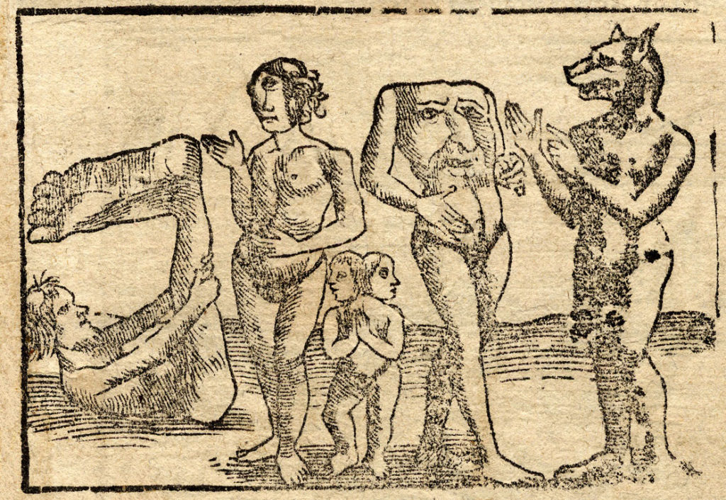 An engraving showing (from left to right) a monopod or sciapod, a female cyclops, conjoined twins, a blemmye, and a cynocephaly. From Sebastian Münster's Cosmographia (1544). Via Wikimedia Commons.