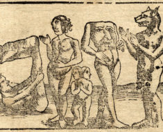 An engraving showing (from left to right) a monopod or sciapod, a female cyclops, conjoined twins, a blemmye, and a cynocephaly. From Sebastian Münster's Cosmographia (1544). Via Wikimedia Commons.
