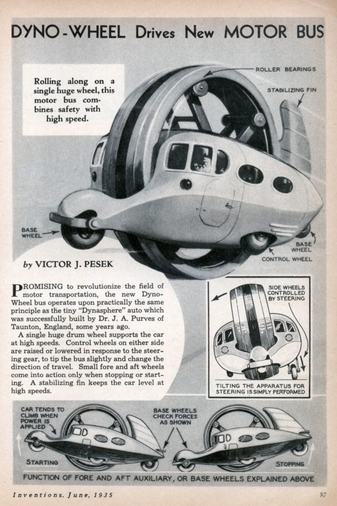 Purves created a Dynasphere bus. From Inventions, June 1935.