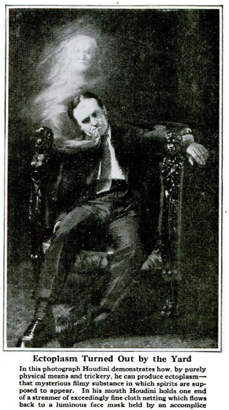 Houdini demonstrating fake ectoplasm. By Harry Houdini ("Spirit Tricks". Popular Science. December, 1925.) [Public domain], via Wikimedia Commons.