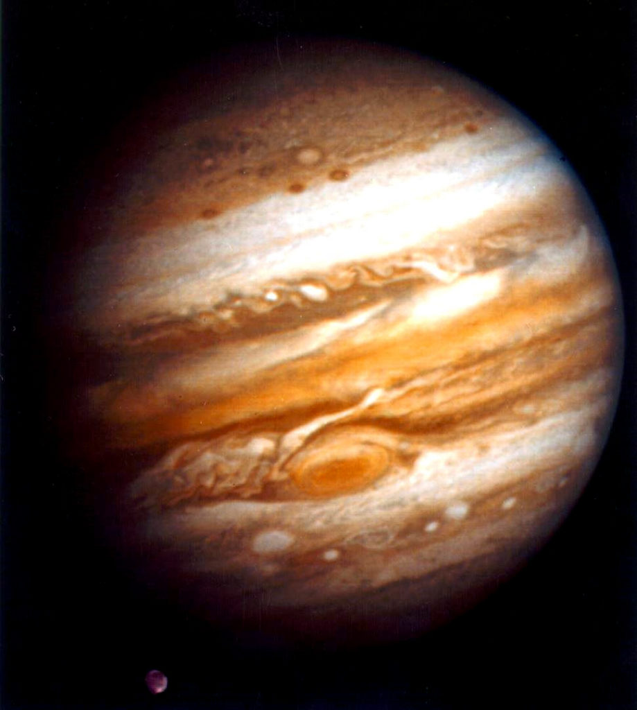 Jupiter and one of its moons, Ganymede, in the lower left. Taken January 24, 1979. NASA/JPL.