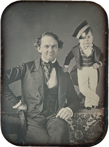 Half-plate daguerreotype of PT Barnum and Tom Thumb, circa 1850. Wikimedia Commons.