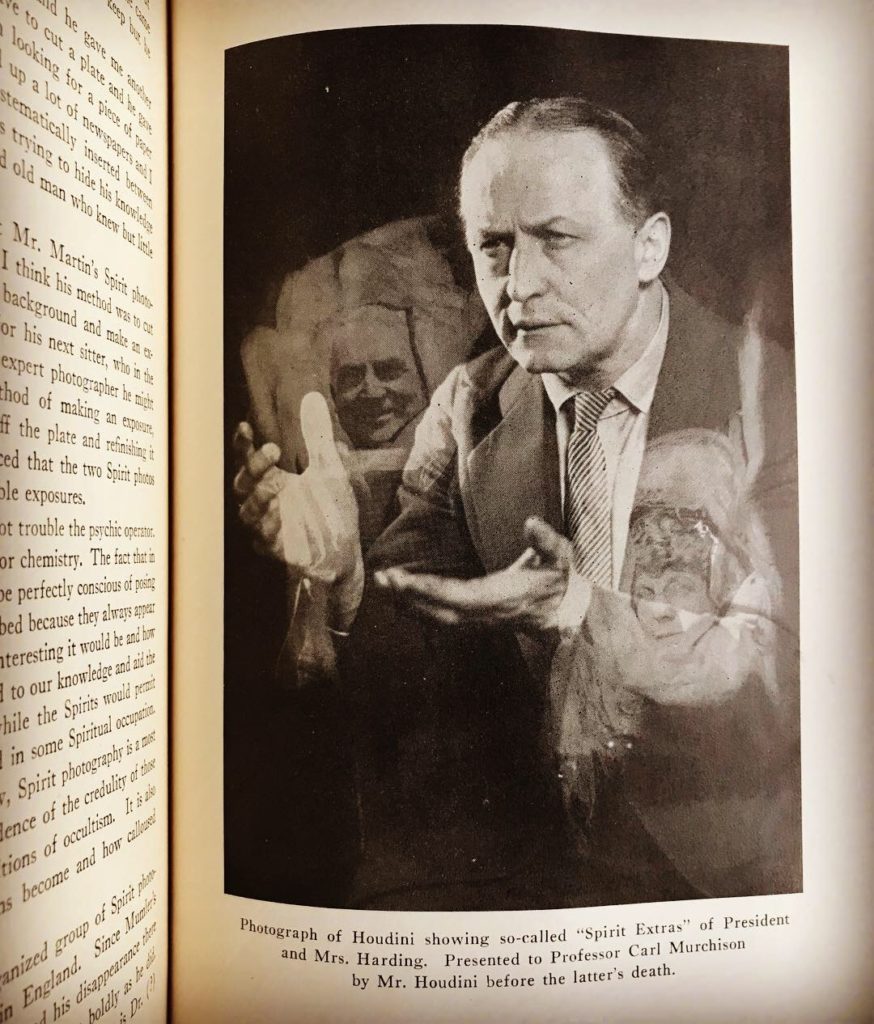 Houdini with the spirits of President and Mrs. Harding. From "The Case For and Against Psychical Belief."