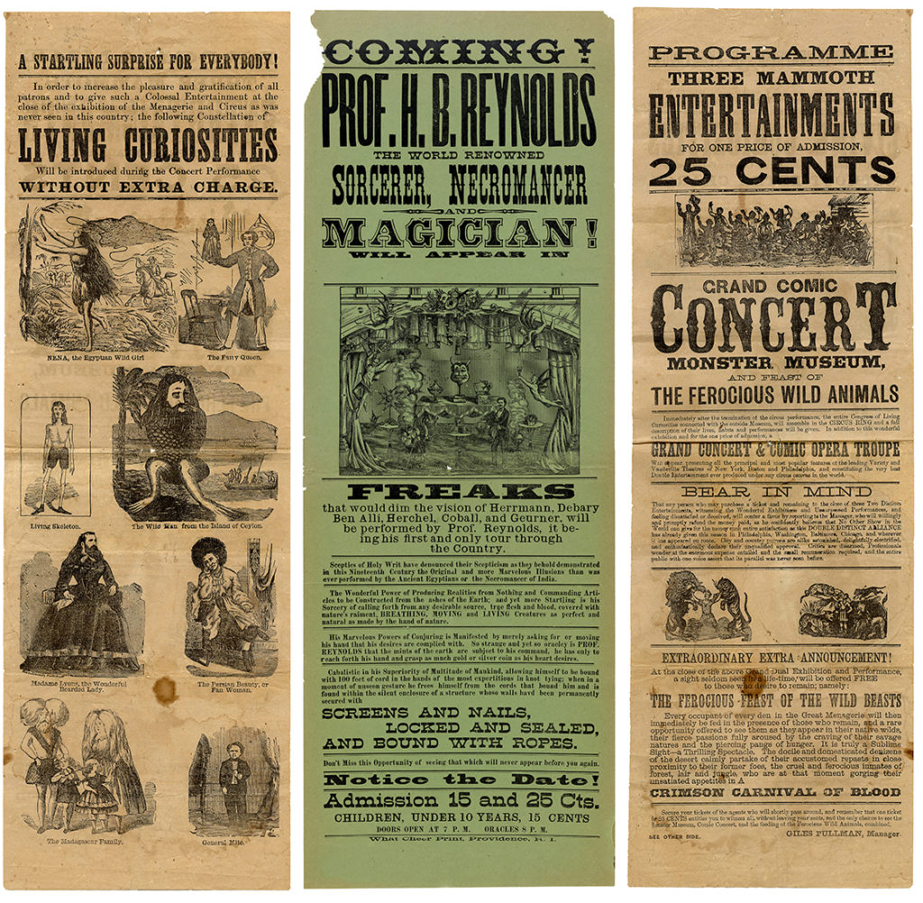 Broadsides featuring: Living Curiosities; Prof. H.B. Reynolds. The World Renowned Sorcerer, Necromancer, and Magician; and Three Mammoths Entertainment.