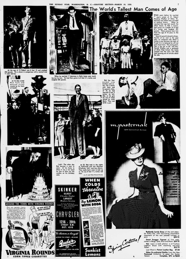 Robert Wadlow featured in The Sunday Star, March 19, 1939.