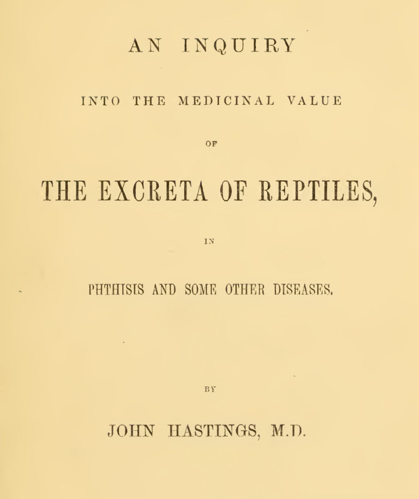 Title page to Dr. John Hastings' 1862 book about reptile poop.