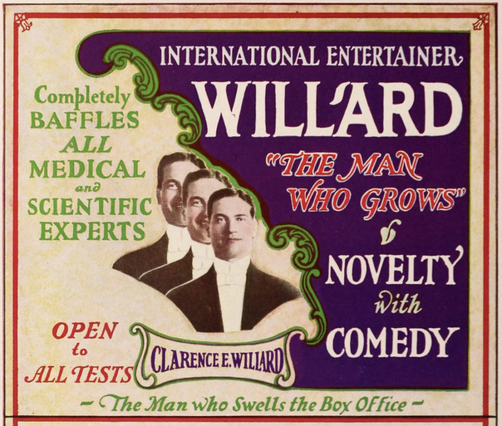 An ad for Clarence Willard, "The Man Who Grows," in the National Vaudeville Artists annual, 1925.