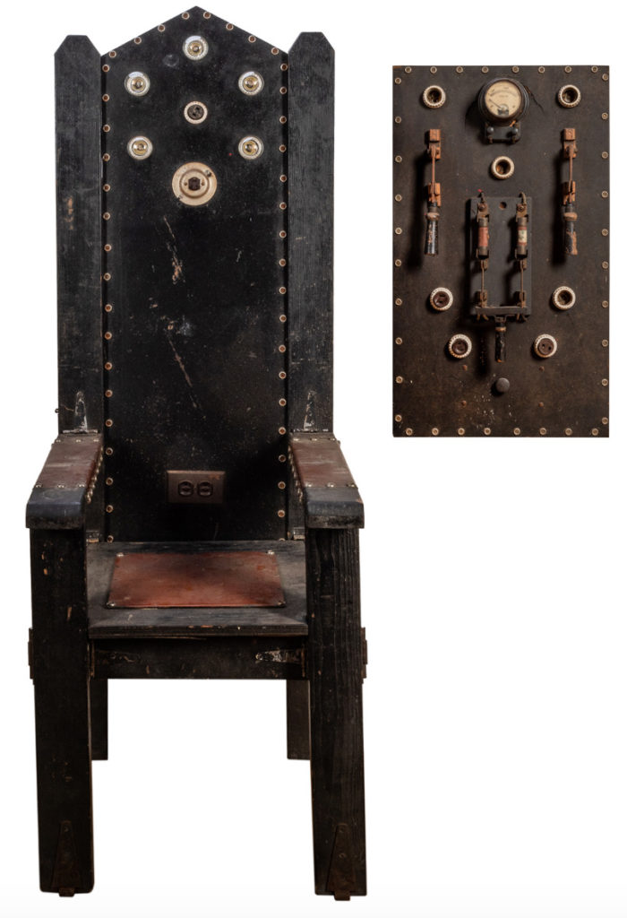 Lot 449: Sideshow Electric Chair. Circa 1940. Well-traveled and used ersatz electric chair in which a seated subject could conduct sufficient current to spark the torch of a fire eater or cause light bulbs held in her hand to become illuminated, among other tricks. Photo courtesy of Potter & Potter Auctions.
