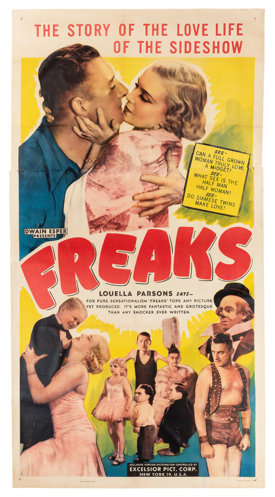 Lot 394: Freaks. Excelsior Picture Corp., R–1949. Three-sheet re-release poster for Tod Browning’s cult classic film of circus romance, starring real life sideshow performers. 81 x 41”. Photo courtesy of Potter & Potter Auctions.