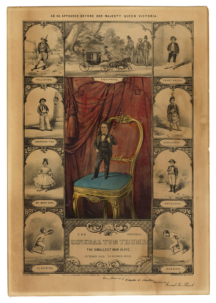 Lot 534: (Currier & Ives) The Original General Tom Thumb. The Smallest Man Alive. Nineteenth century lithograph with hand coloring depicts Stratton “as he appeared before Her Majesty Queen Victoria.” Photo courtesy of Potter & Potter Auctions.