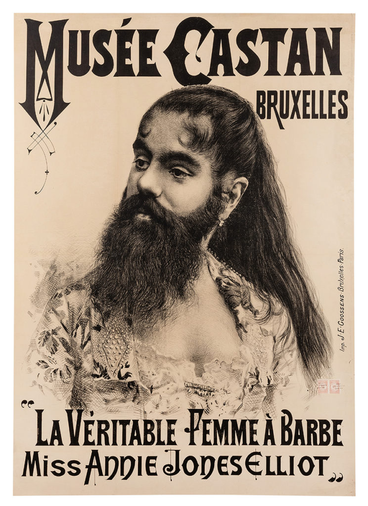 Lot 723: La Veritable Femme a Barbe. Annie Jones Elliot. Brussels: J.E. Goossens, [1891]. Oversized portrait lithograph of Barnum’s famous bearded lady, Annie Jones, for an appearance at the Musee Castan, Brussels. Photo courtesy of Potter & Potter Auctions.
