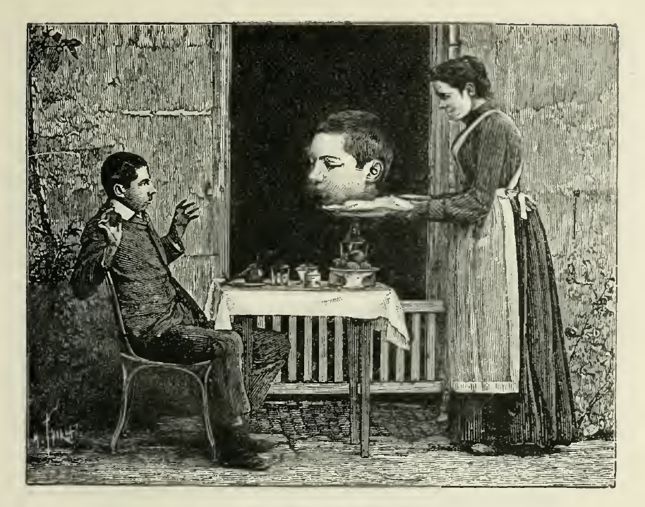 This "head on a platter" composite comes from 1897's instructional book, "Magic; stage illusions and scientific diversions, including trick photography." The section is entitled, "Photographing a Human Head Upon a Table."