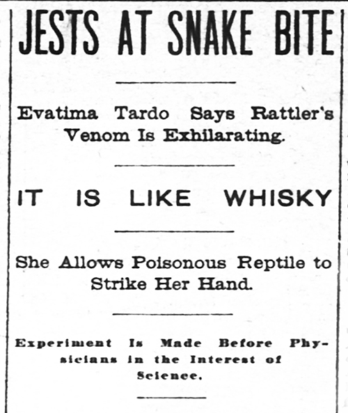 Evatima Tardo was Headline News in The Sunday Inter Ocean, Jan 30, 1898.